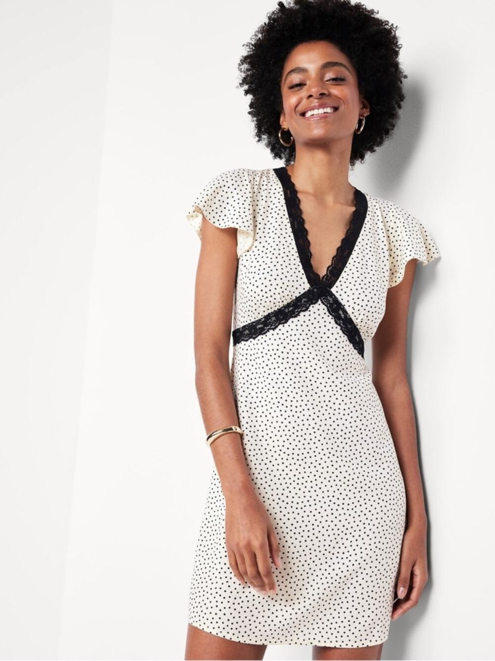 Old Navy black dot Fit & Flare Crepe Lace-Trim mini dress